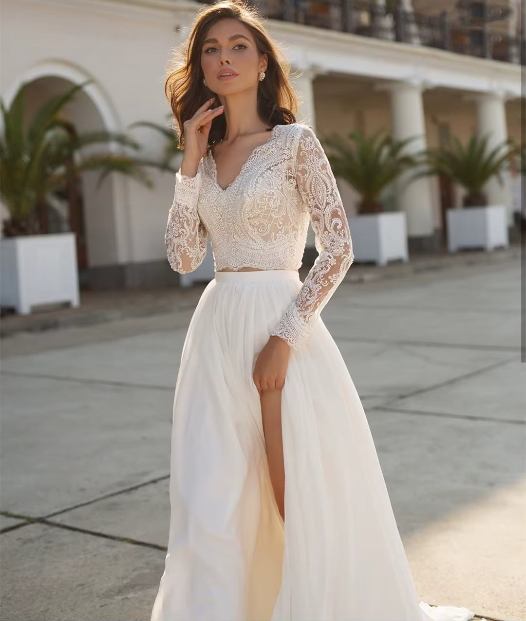 2023 Sexy BOHO Wedding Dress Lace Appliques V Neck Half Sleeves Modern Bridal Beach Satin Simple Gowns Vestidos De Noiva  ⬆ Page priceapplies to limited