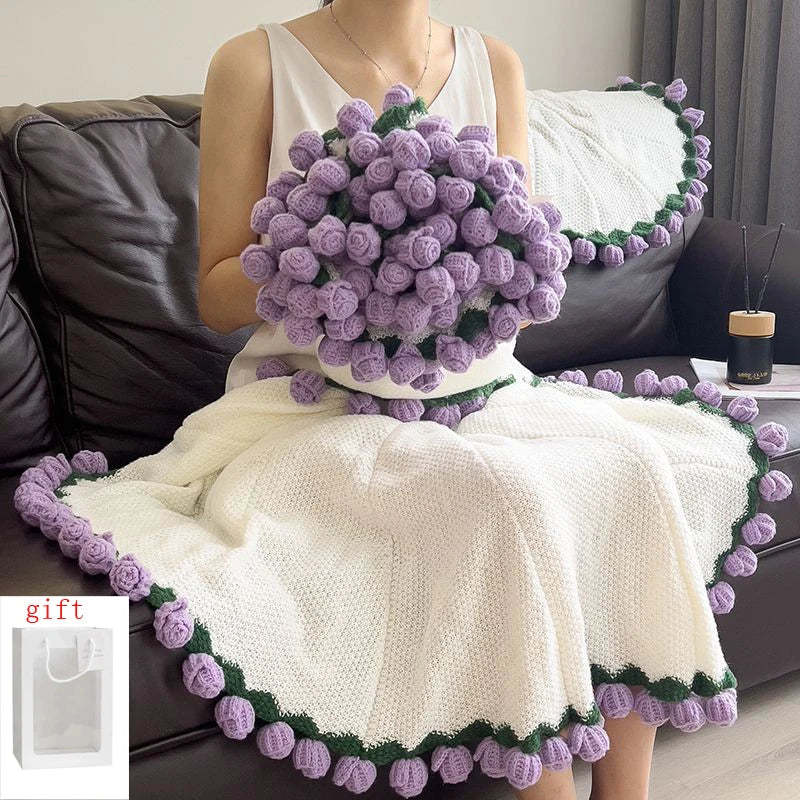 1pcs Rose Blanket Bouquet With Gift Bag Crochet Handmade Blanket of Roses Birthday Valentine's Day Gift for Girlfriend