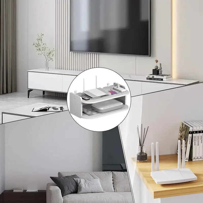 2 Tier Floating Shelves Wifi Router Hanging Layer Multi Tap Outlet Set Top Box Holder Cable Bracket Wall Mount Storage Organizer