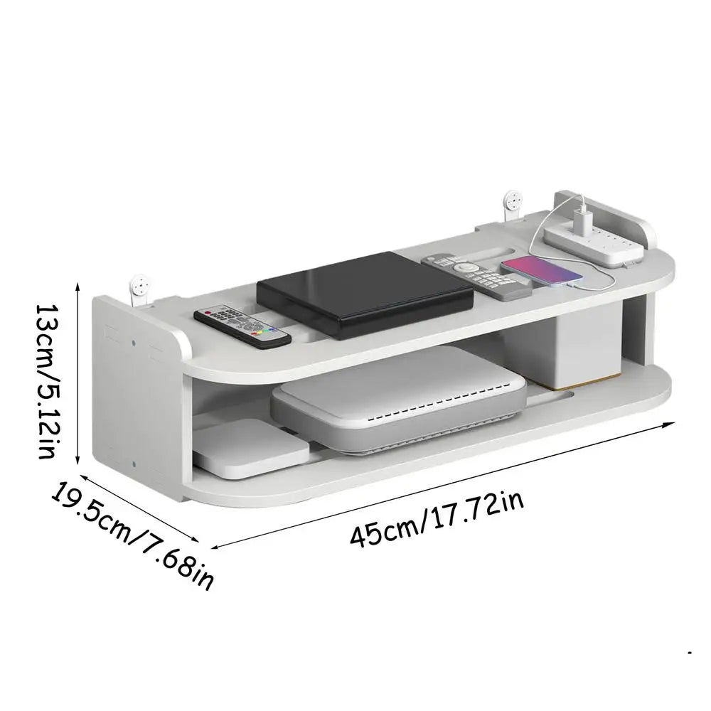 2 Tier Floating Shelves Wifi Router Hanging Layer Multi Tap Outlet Set Top Box Holder Cable Bracket Wall Mount Storage Organizer