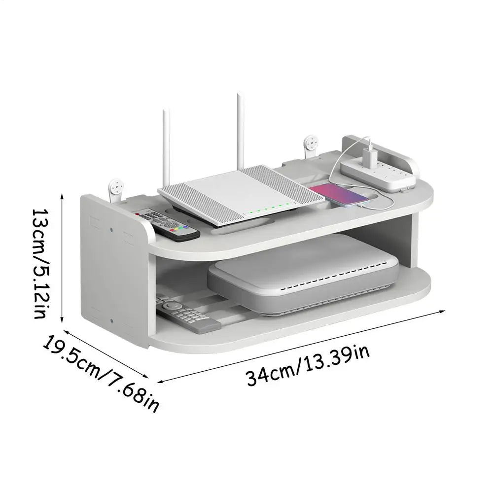 2 Tier Floating Shelves Wifi Router Hanging Layer Multi Tap Outlet Set Top Box Holder Cable Bracket Wall Mount Storage Organizer