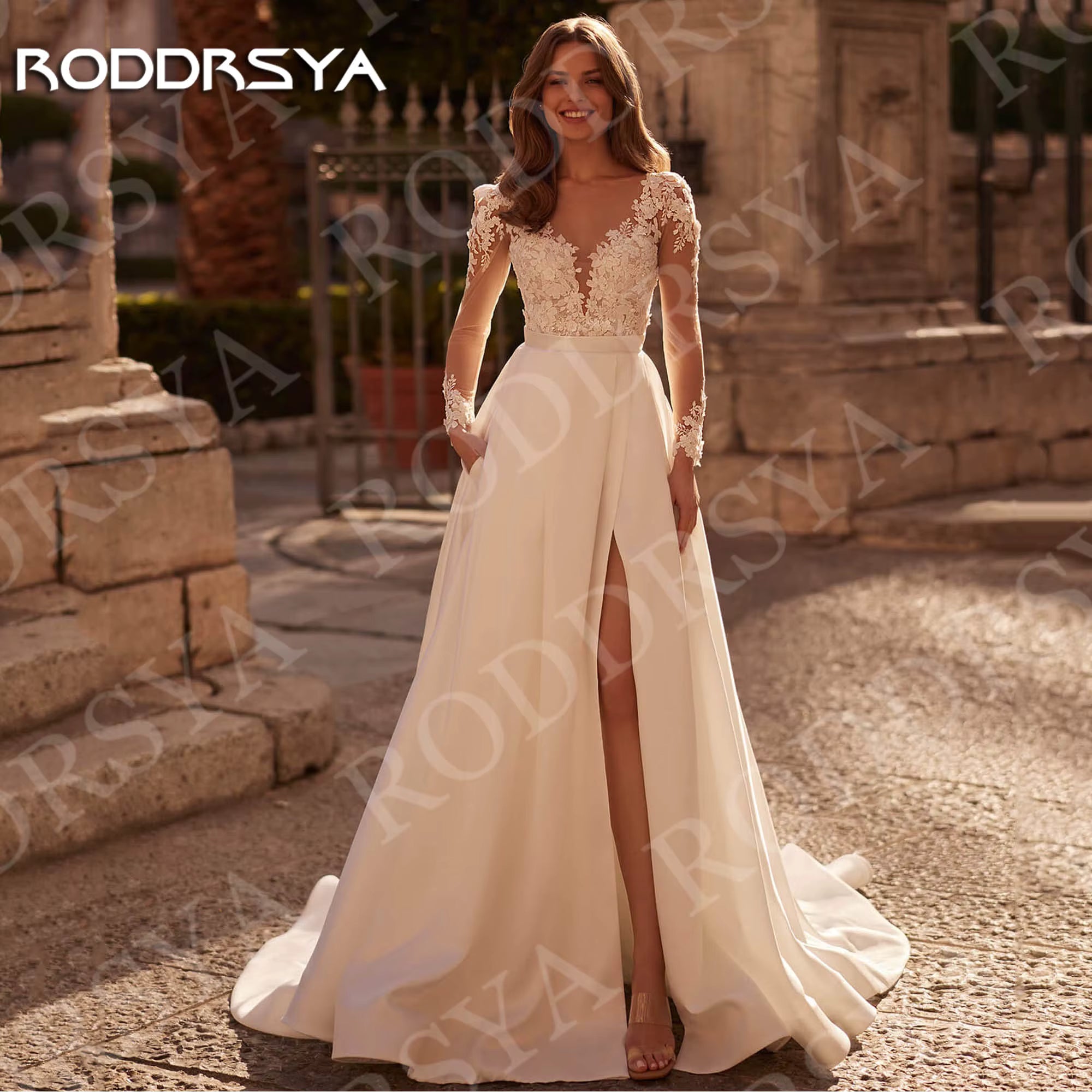 2023 Sexy BOHO Wedding Dress Lace Appliques V Neck Half Sleeves Modern Bridal Beach Satin Simple Gowns Vestidos De Noiva  ⬆ Page priceapplies to limited