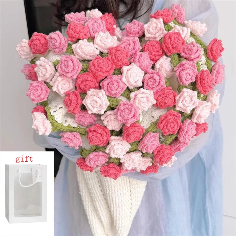1pcs Rose Blanket Bouquet With Gift Bag Crochet Handmade Blanket of Roses Birthday Valentine's Day Gift for Girlfriend