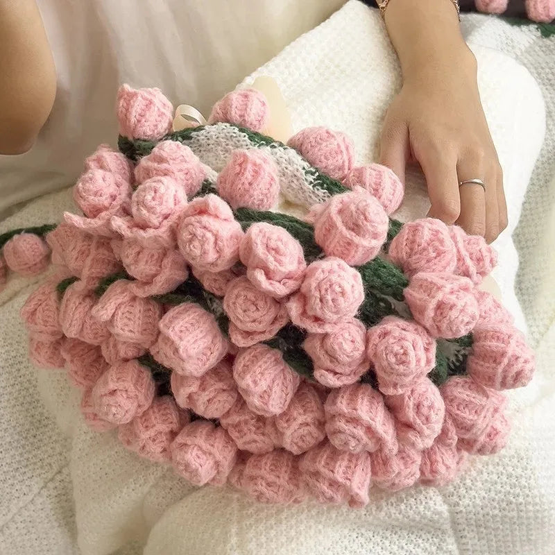 1pcs Rose Blanket Bouquet With Gift Bag Crochet Handmade Blanket of Roses Birthday Valentine's Day Gift for Girlfriend
