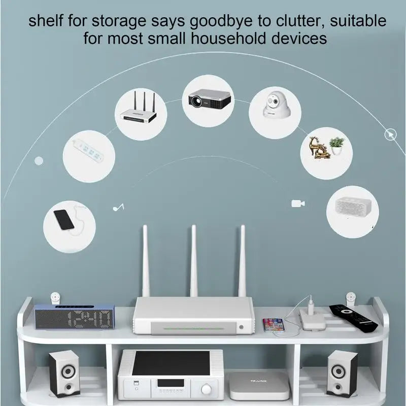 2 Tier Floating Shelves Wifi Router Hanging Layer Multi Tap Outlet Set Top Box Holder Cable Bracket Wall Mount Storage Organizer
