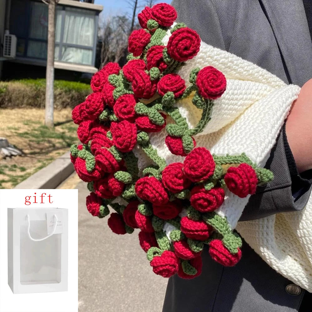 1pcs Rose Blanket Bouquet With Gift Bag Crochet Handmade Blanket of Roses Birthday Valentine's Day Gift for Girlfriend